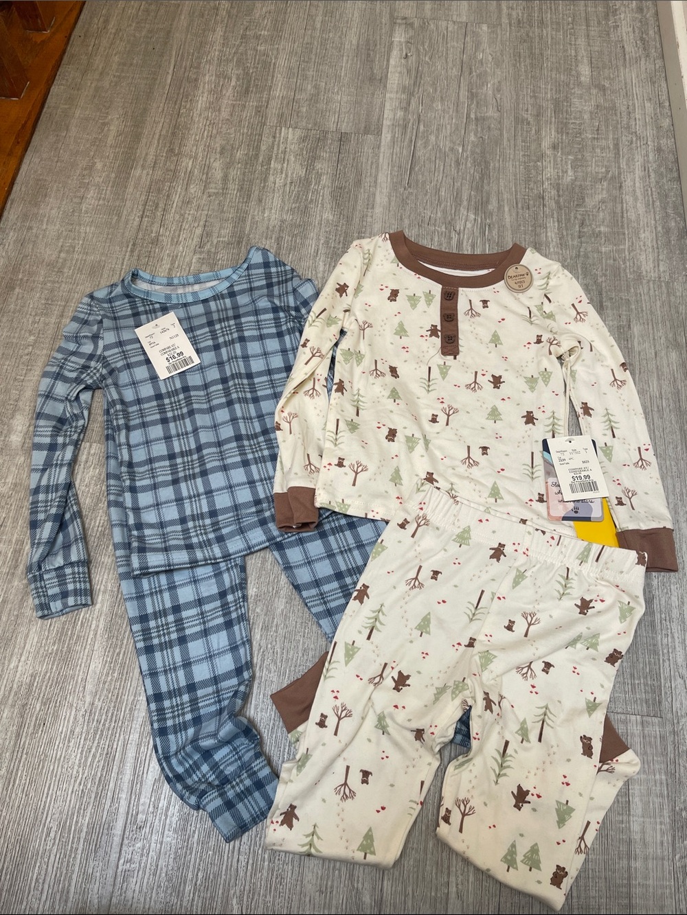 Children's Two-Pack Long Sleeve Pajama Set - Blue Plaid & Cream Forest Print